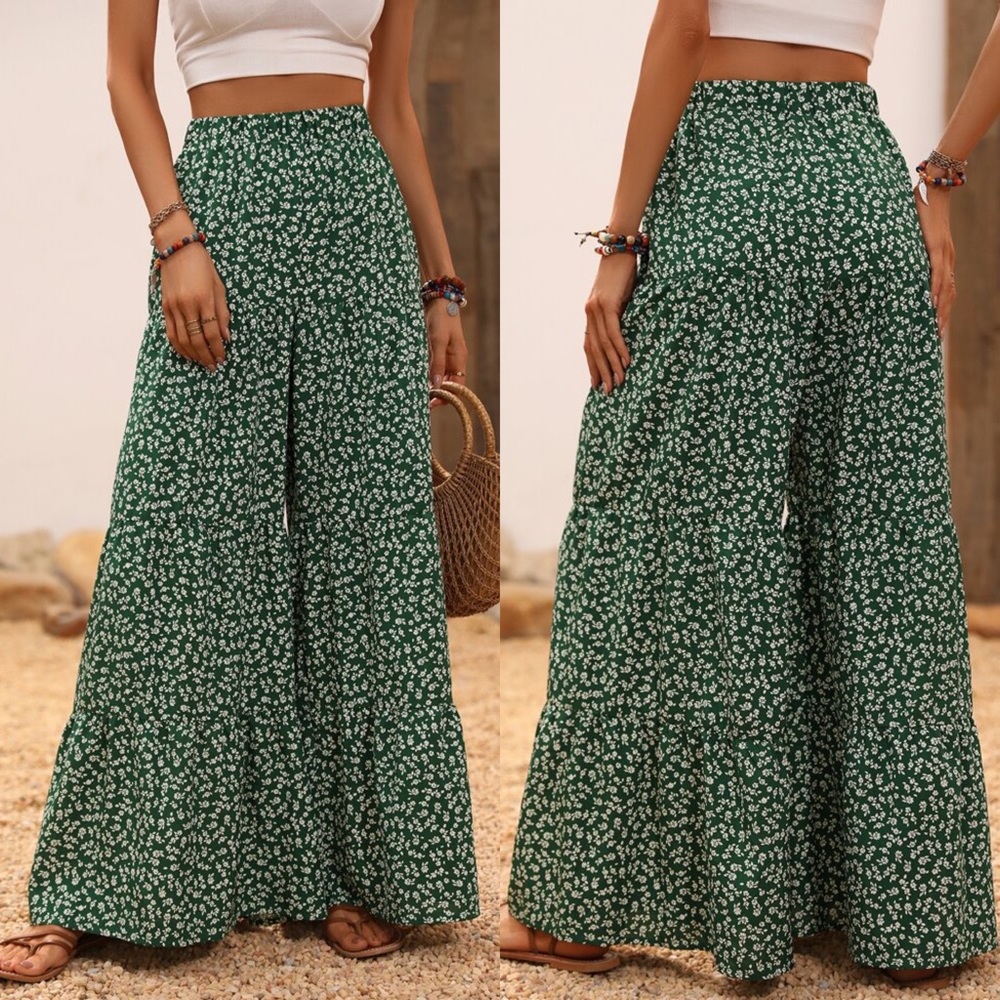 🍃 BOHO GREEN WHITE FLORAL HIGH WAIST WIDE LEG PANTS! - Picture 3 of 6